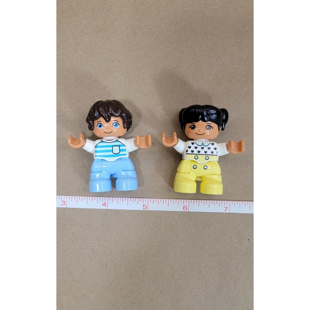 LEGO Duplo Figures Lot of 2 Boy Blue Stripes Girl Hearts Yellow Pants 2 Inch